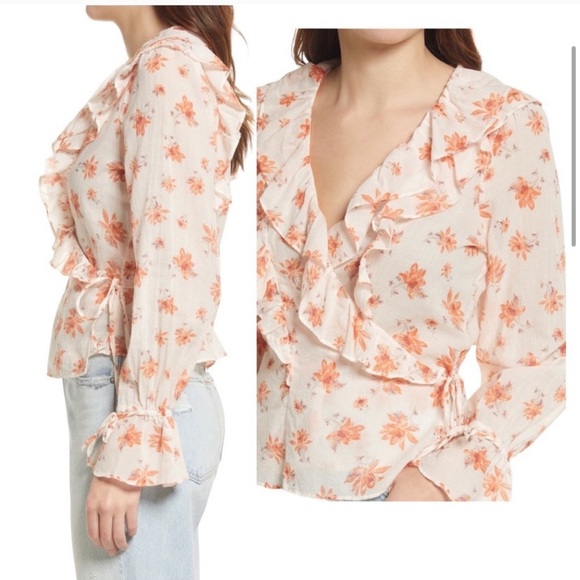 Free people Amanda ruffle wrap top blouse in ivory combo floral print - Picture 2 of 6